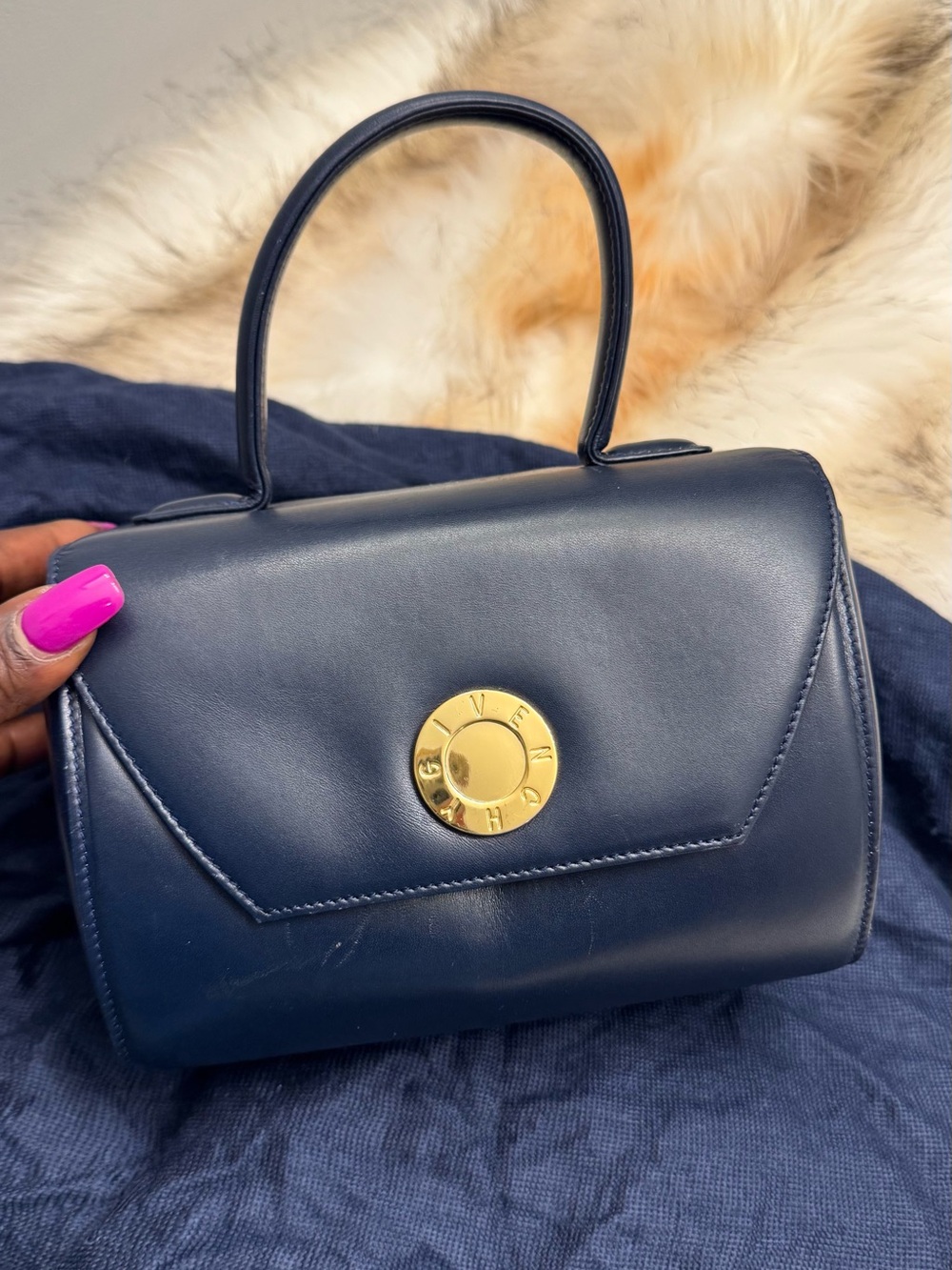 Givenchy Navy Leather Top-Handle Bag with Gold Hardware